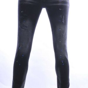 ICON2 Hippie Gescheurde Slim Fit Stretch Heren Jeans Met Verfspatten - Zwart