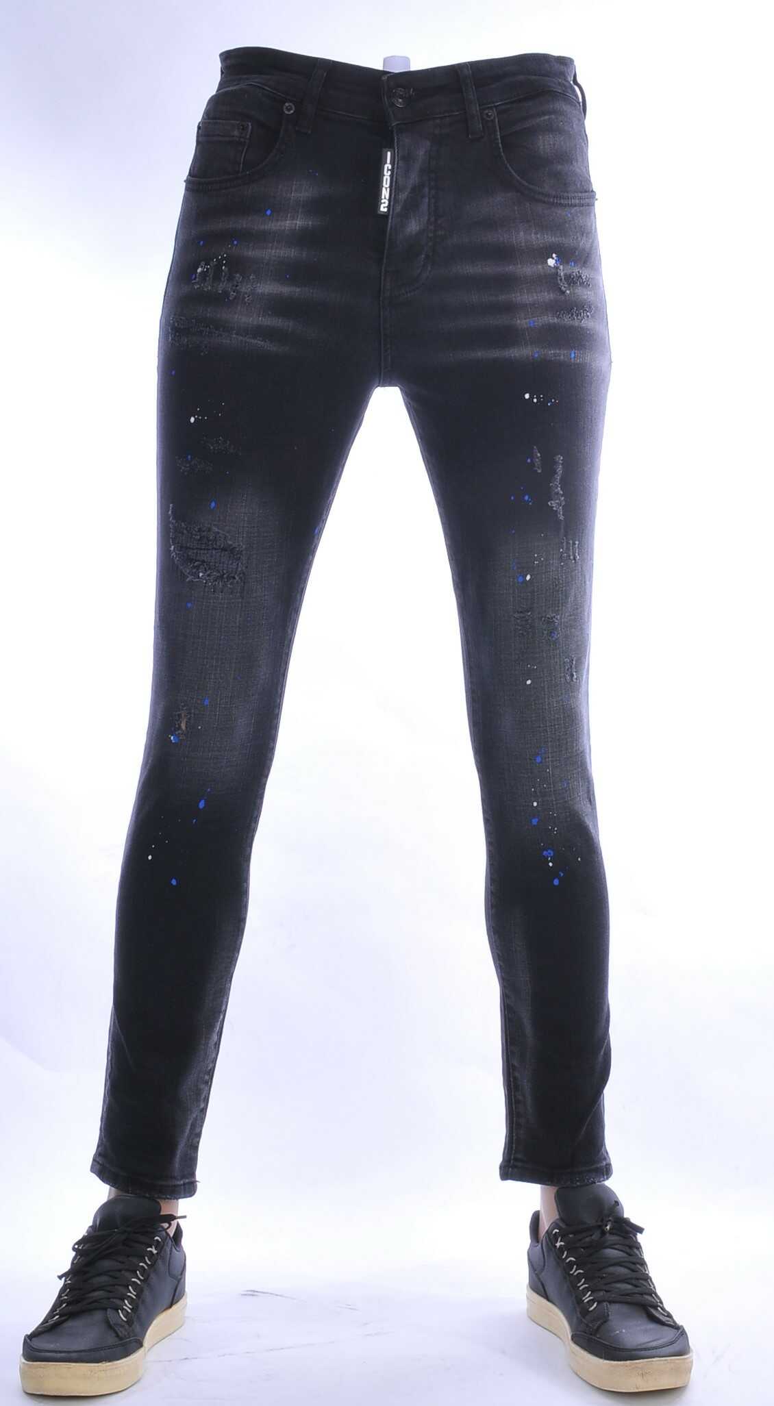 ICON2 Hippie Gescheurde Slim Fit Stretch Heren Jeans Met Verfspatten - Zwart