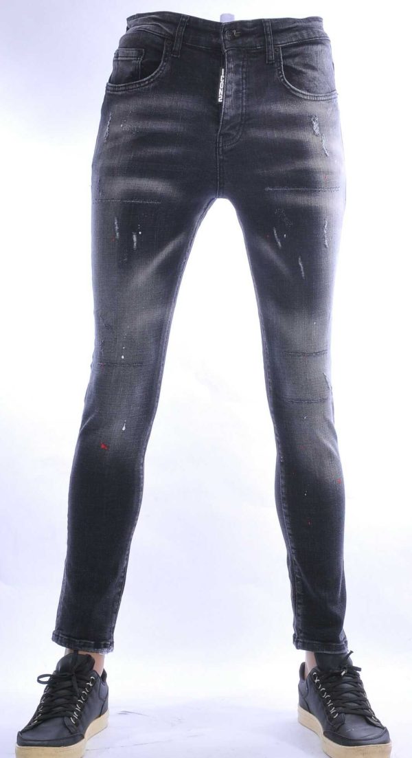 ICON2 Hippie Gescheurde Slim Fit Stretch Heren Jeans met Verfspatten - Zwart