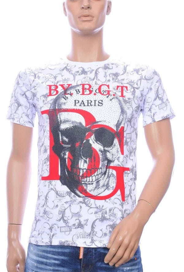 By Bugotti Philipp Plein ronde hals allover print heren skull T-shirt met steentjes Wit