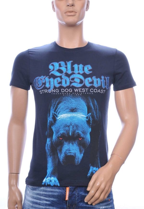 Club Ju ronde hals blue eyed devil pitbull print T-shirt met tekst Navy