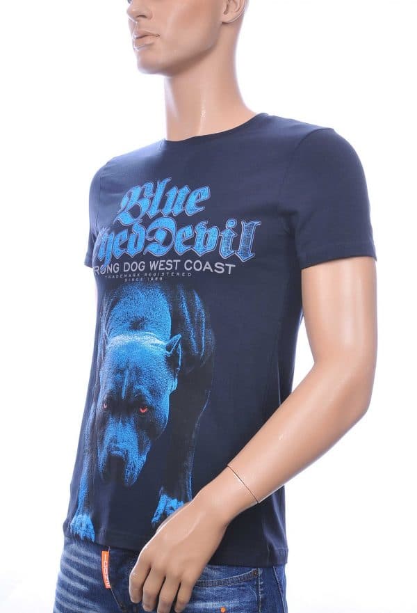 Club Ju ronde hals blue eyed devil pitbull print T-shirt met tekst Navy