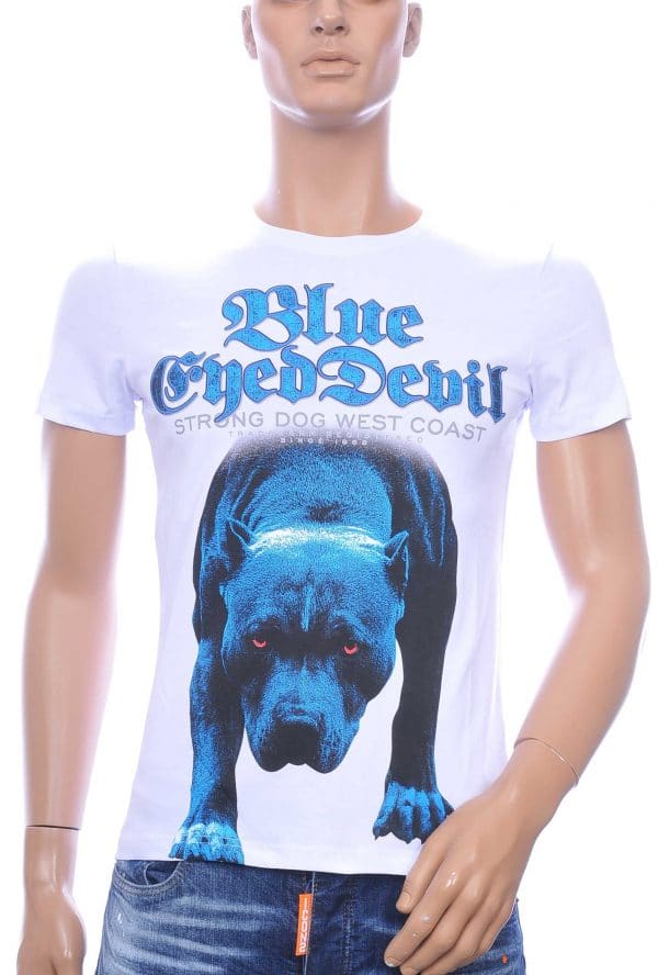 Club Ju ronde hals blue eyed devil pitbull print T-shirt met tekst Wit
