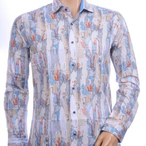 Corrino Italiaans getailleerd slim fit allover kunst motieven dessin heren overhemd Beige