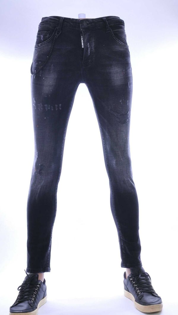 ICON2 hippie gescheurde slim fit stretch heren jeans met verfspatten Zwart