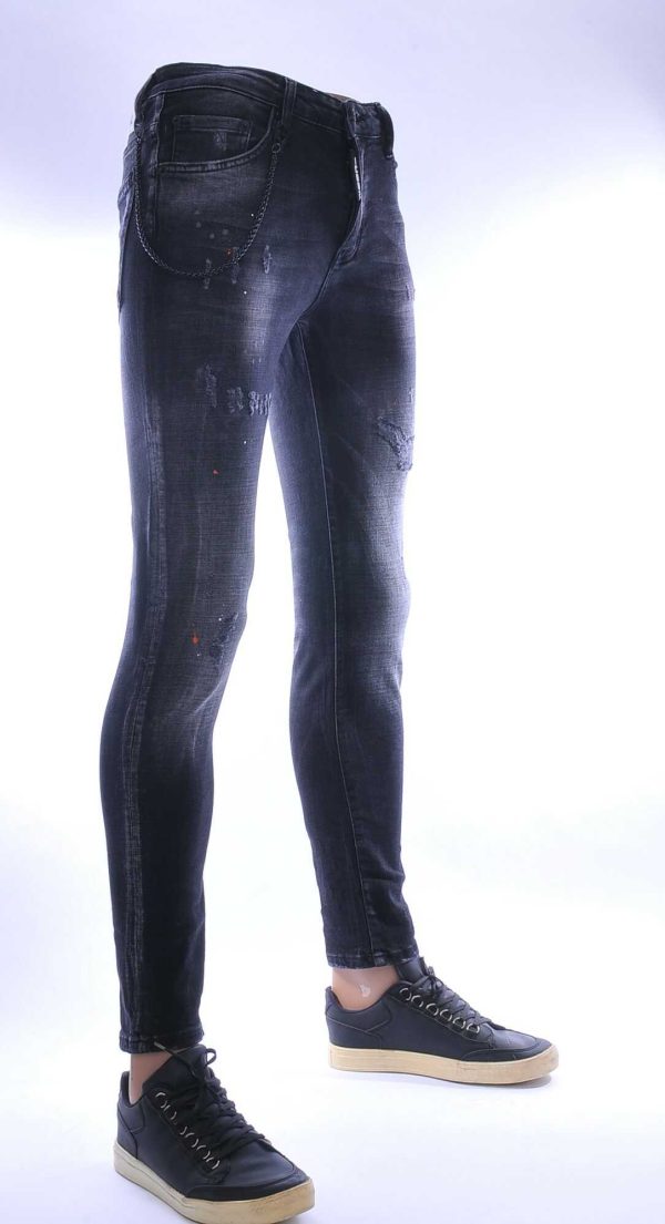 ICON2 hippie gescheurde slim fit stretch heren jeans met verfspatten Zwart