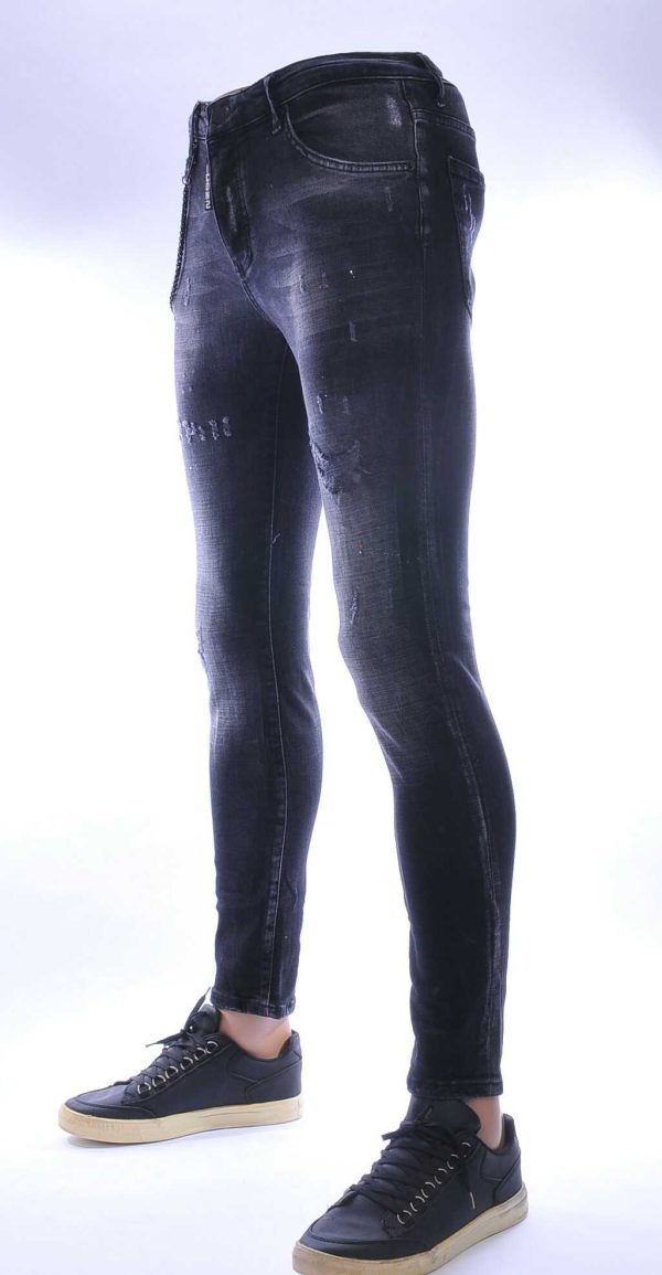 ICON2 hippie gescheurde slim fit stretch heren jeans met verfspatten Zwart