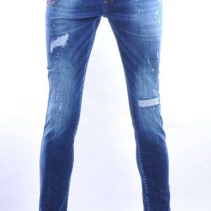 ICON2 hippie gescheurde slim fit stretch heren jeans met verfspatten Blauw