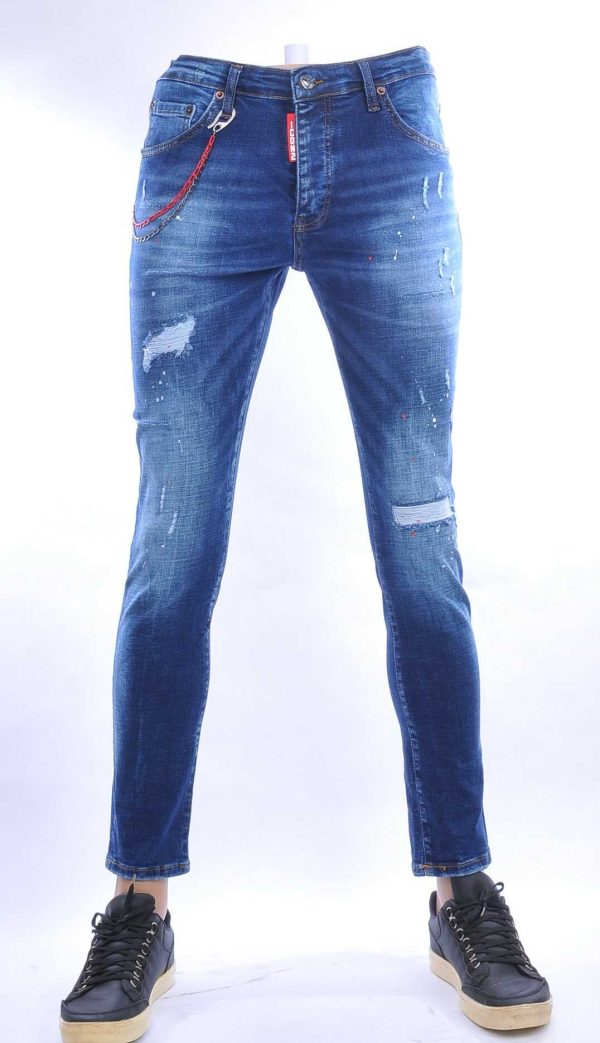 ICON2 hippie gescheurde slim fit stretch heren jeans met verfspatten Blauw