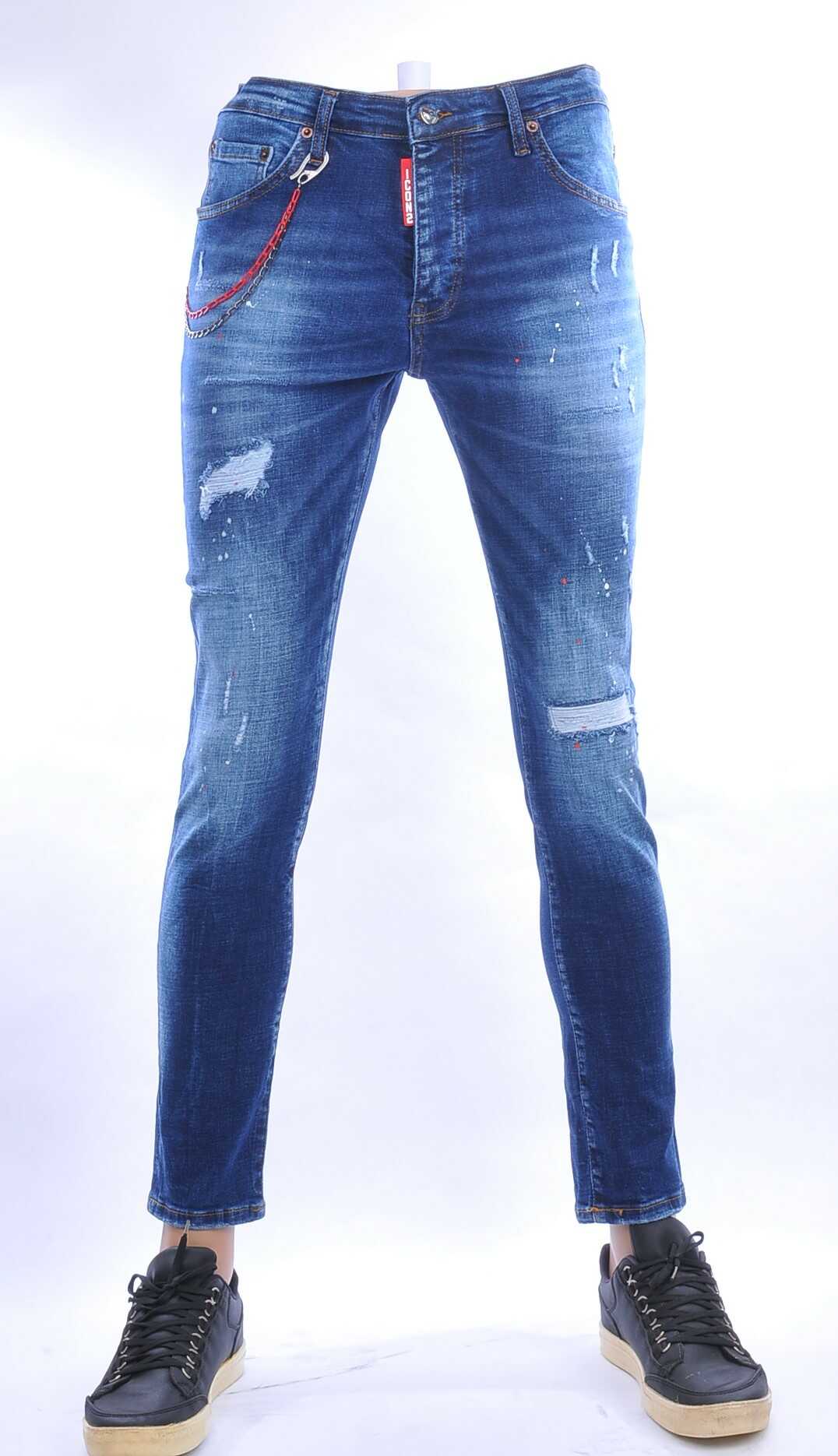 ICON2 hippie gescheurde slim fit stretch heren jeans met verfspatten Blauw
