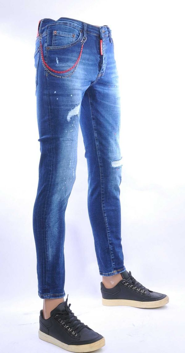 ICON2 hippie gescheurde slim fit stretch heren jeans met verfspatten Blauw