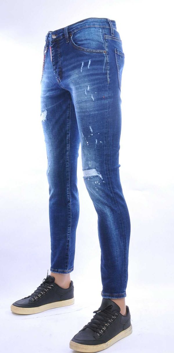 ICON2 hippie gescheurde slim fit stretch heren jeans met verfspatten Blauw