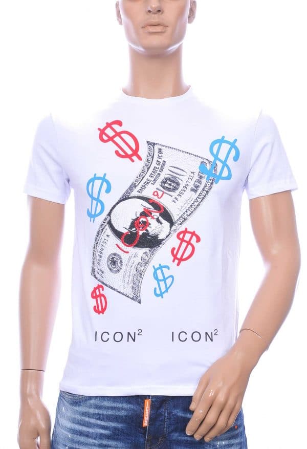 ICON2 DSquared² ronde hals dollar biljet print Skull T-shirt met steentjes Wit