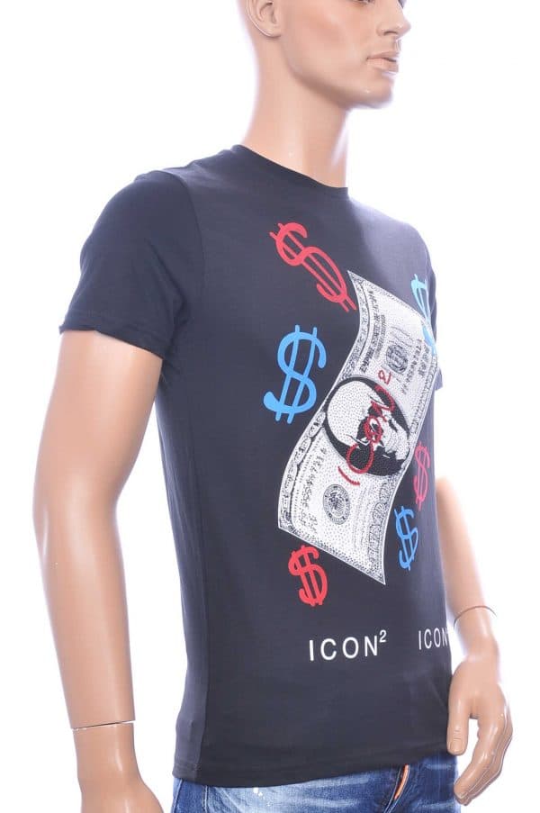 ICON2 DSquared² ronde hals dollar biljet print Skull T-shirt met steentjes Zwart