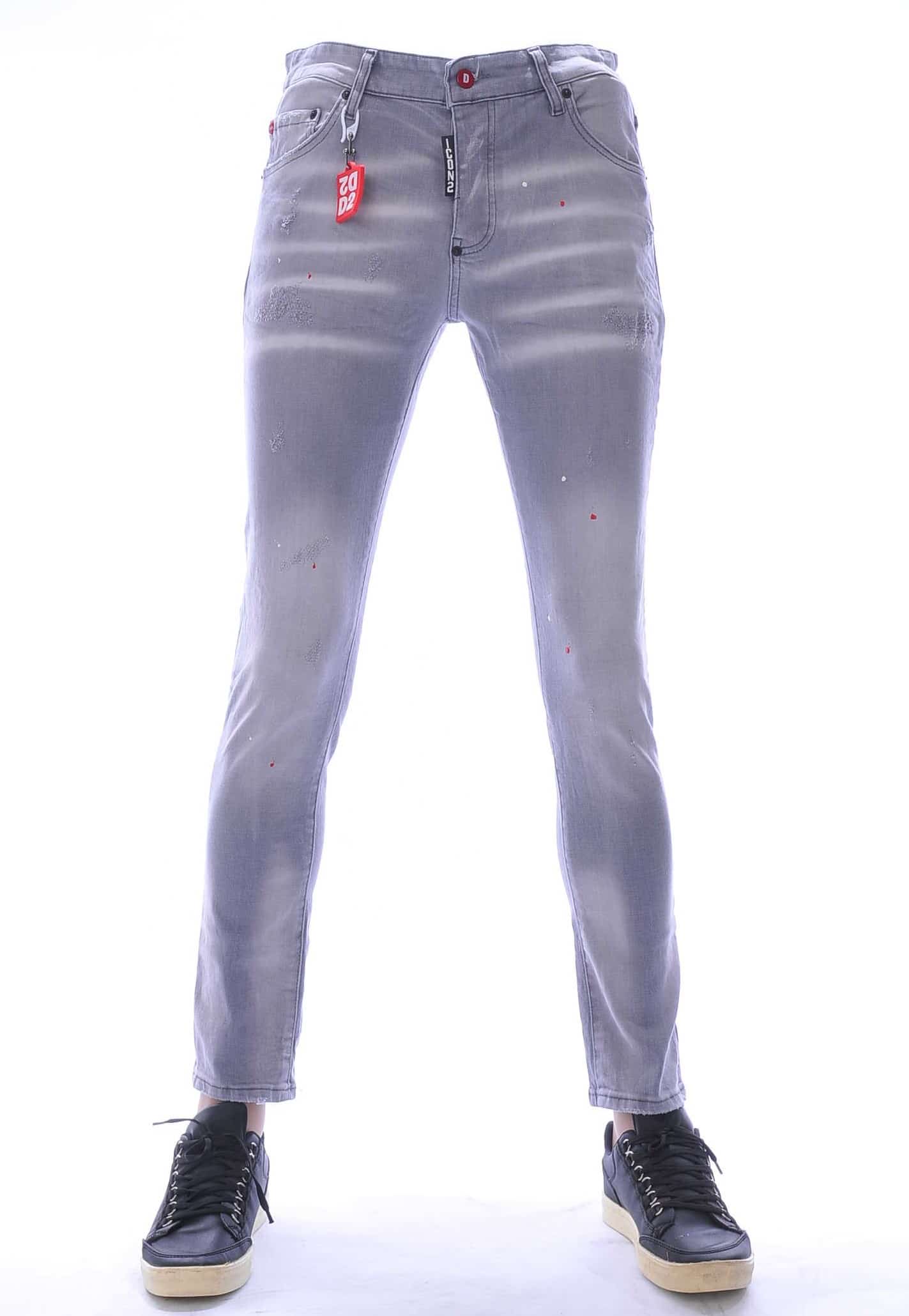 het is mooi Okkernoot Quagga ICON2 hippie gescheurd slim fit heren jeans met verfspatten Grijs