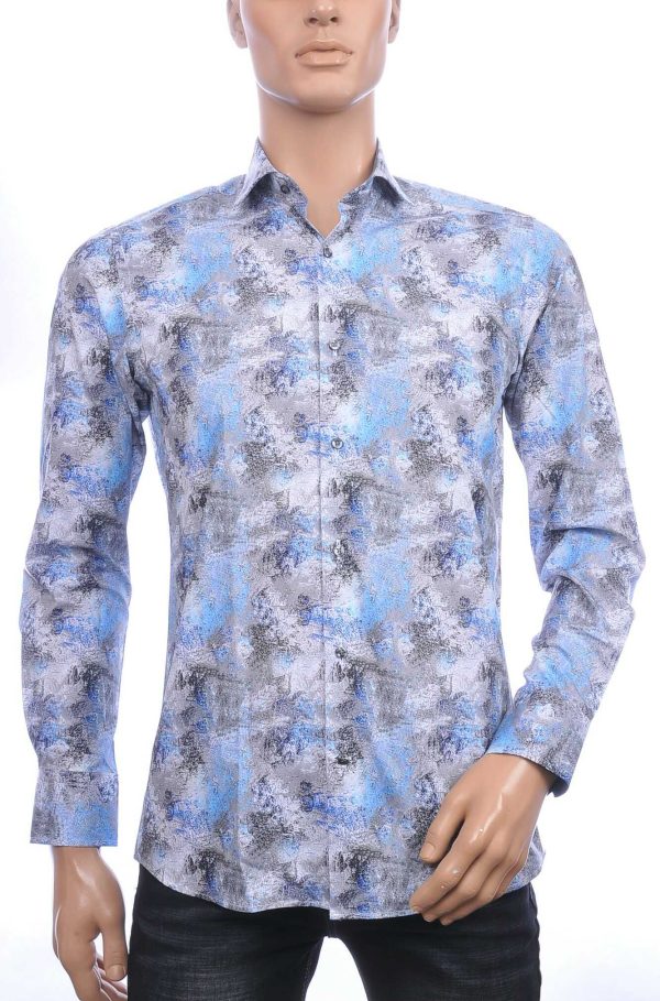 Corrino Italiaans getailleerd slim fit allover bladeren dessin heren overhemd Blauw