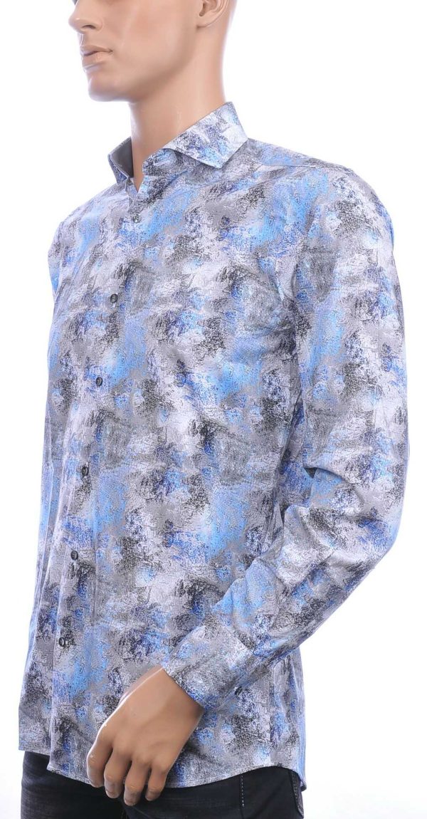 Corrino Italiaans getailleerd slim fit allover bladeren dessin heren overhemd Blauw