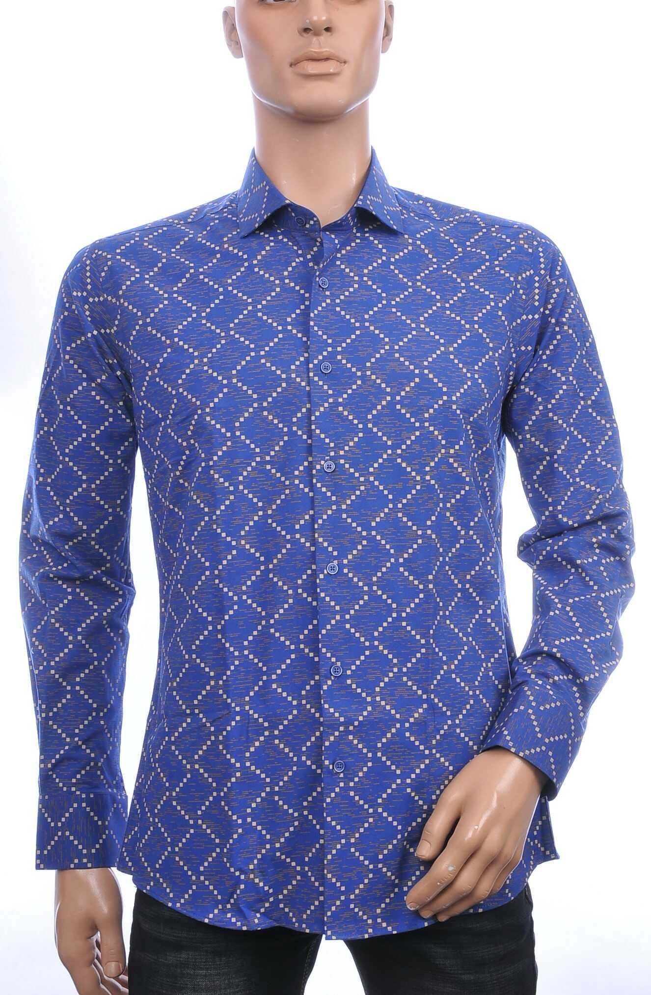 Corrino Italiaans getailleerd slim fit allover blokjes dessin heren overhemd Navy