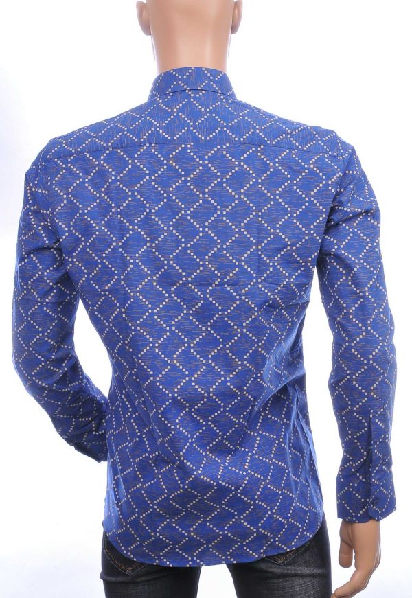 Corrino Italiaans getailleerd slim fit allover blokjes dessin heren overhemd Navy