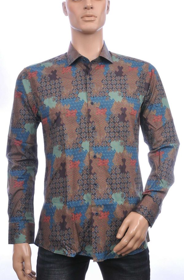 Corrino Italiaanse slim fit allover oosterse motieven dessin heren overhemd Bruin
