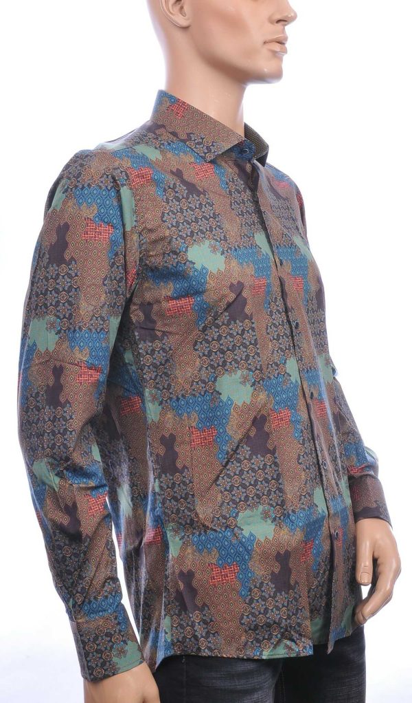 Corrino Italiaanse slim fit allover oosterse motieven dessin heren overhemd Bruin