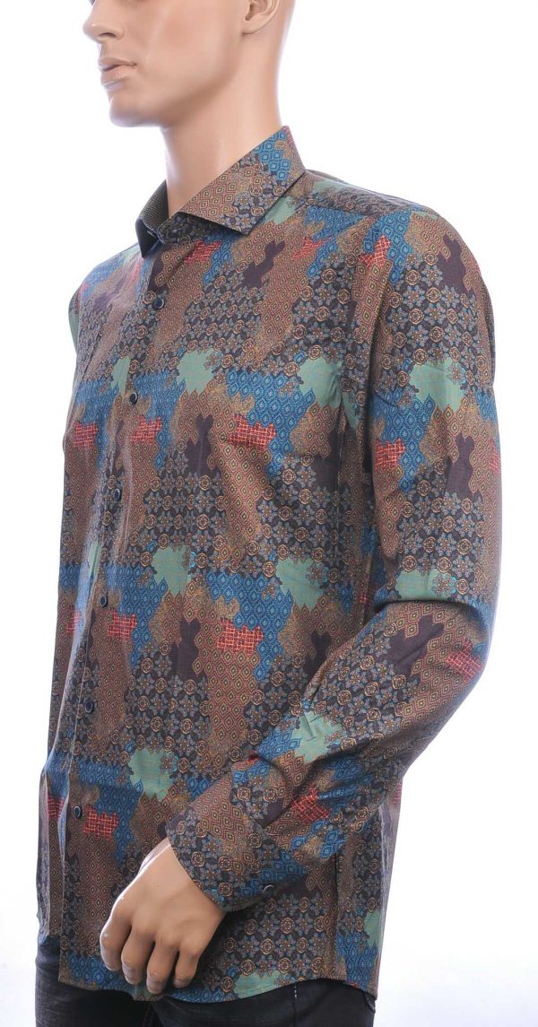 Corrino Italiaanse slim fit allover oosterse motieven dessin heren overhemd Bruin