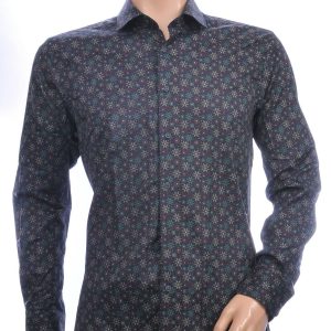 Corrino Italiaans getailleerd slim fit allover sneeuwkristallen dessin heren overhemd Zwart