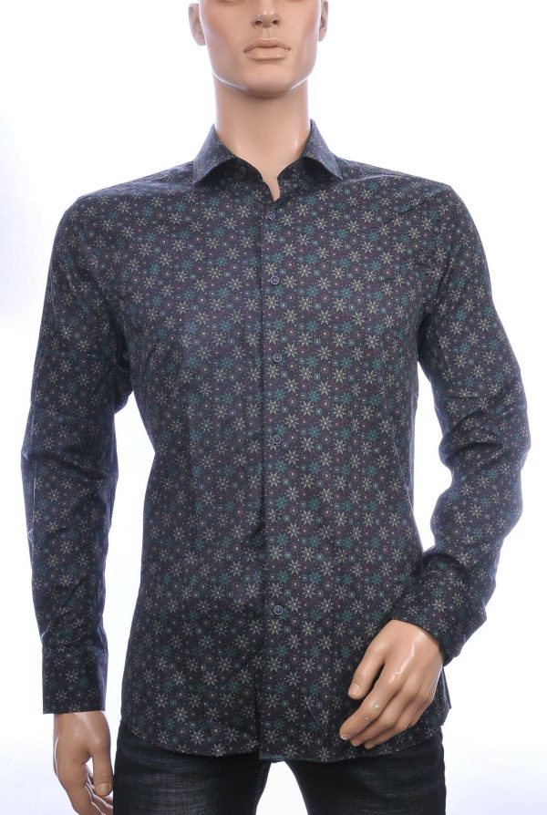 Corrino Italiaans getailleerd slim fit allover sneeuwkristallen dessin heren overhemd Zwart