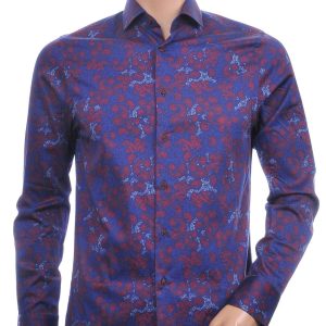 FARTUNATO Italiaanse getailleerd slim fit allover paisley dessin heren overhemd Navy