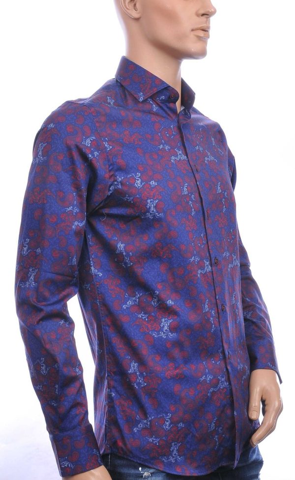 FARTUNATO Italiaanse getailleerd slim fit allover paisley dessin heren overhemd Navy