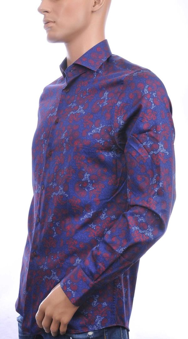 FARTUNATO Italiaanse getailleerd slim fit allover paisley dessin heren overhemd Navy