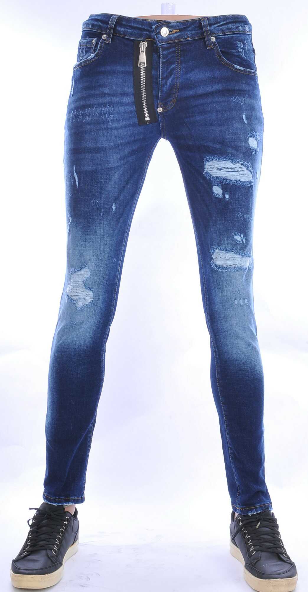 DQ25 hippie gewassen gescheurde slim fit stretch heren jeans met sierrits Blauw