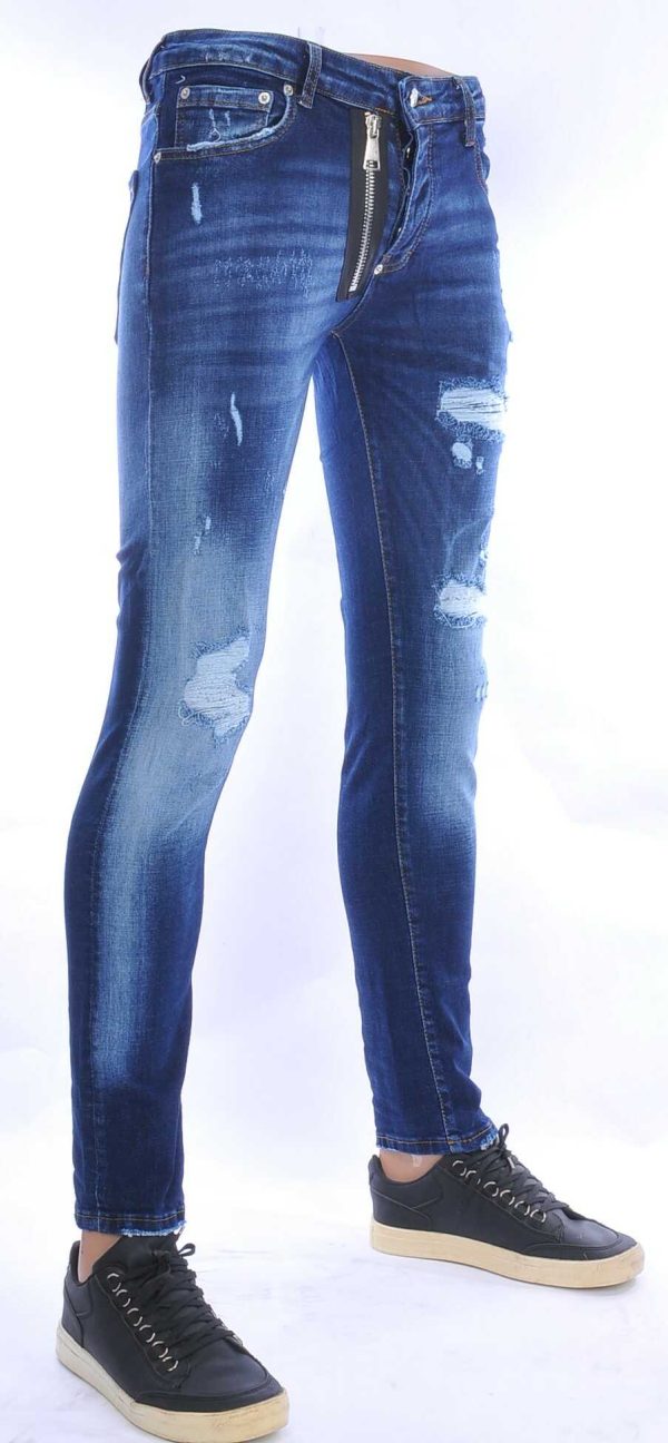 DQ25 hippie gewassen gescheurde slim fit stretch heren jeans met sierrits Blauw