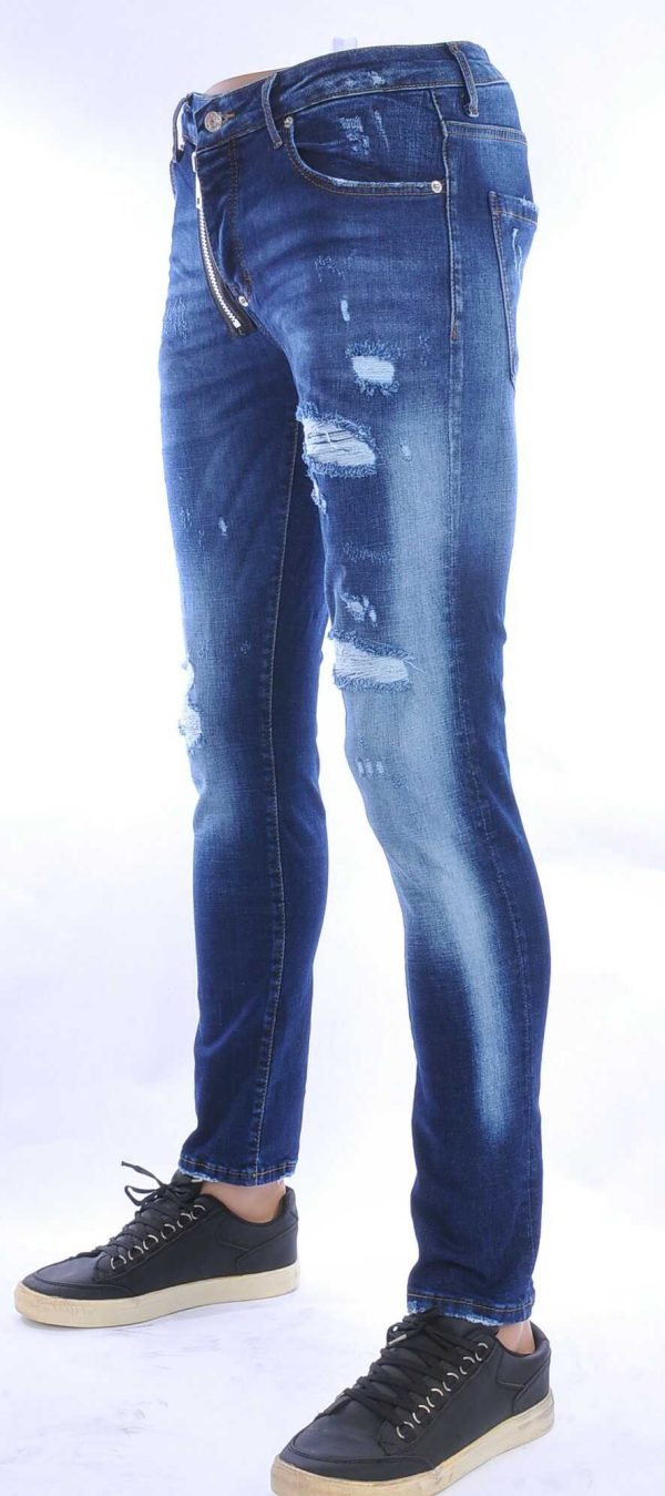 DQ25 hippie gewassen gescheurde slim fit stretch heren jeans met sierrits Blauw