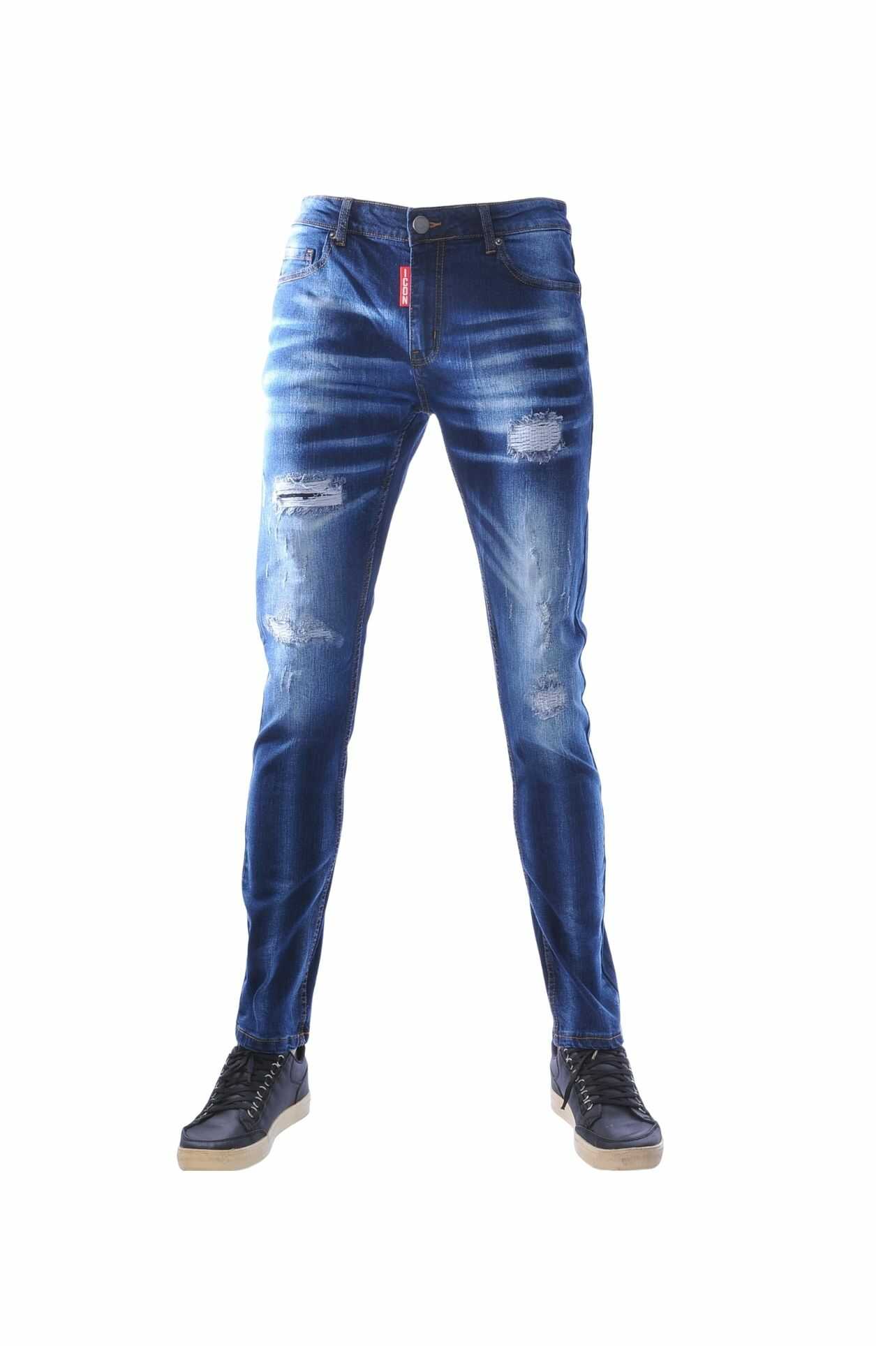 ICON jeans heren, Blauwe slim fit jeans, Gescheurde heren jeans, Stretch spijkerbroek heren, Destroyed denim jeans, Streetwear jeans heren, Skinny jeans heren blauw, Trendy spijkerbroek mannen, ICON denim broek, Modieuze heren jeans, online goedkoop heren jeans bestellen, Heren jeans kopen in Nijmegen