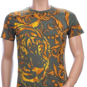 Ci-Borg ronde hals T-shirt met tijgerkop print met steentjes Khaki