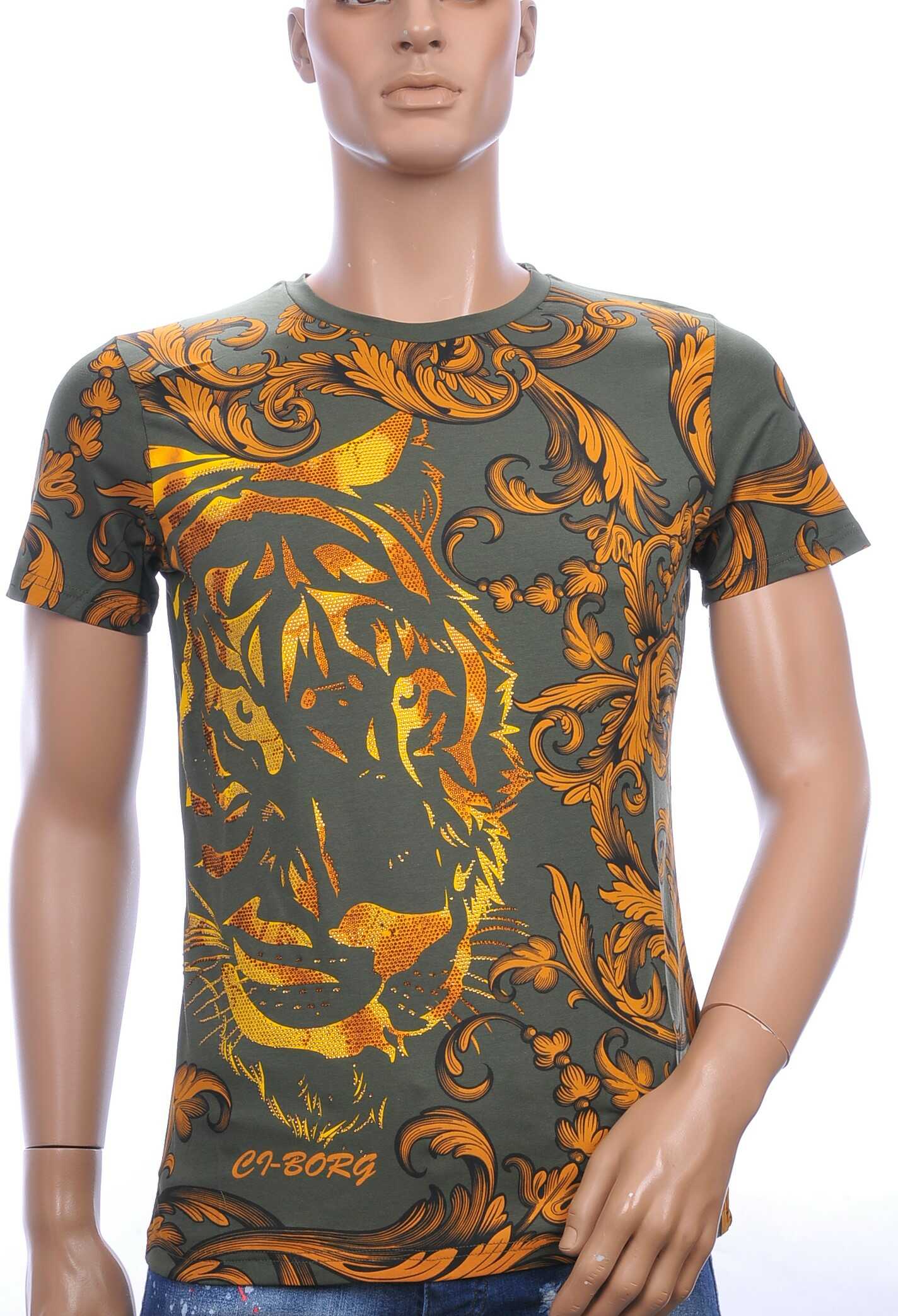 Ci-Borg ronde hals T-shirt met tijgerkop print met steentjes Khaki