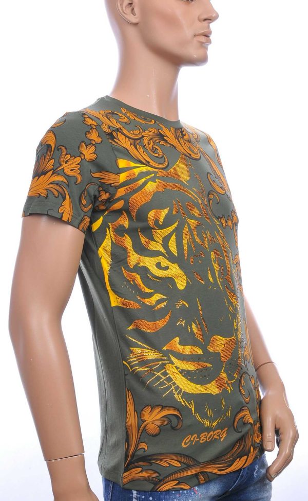 Ci-Borg ronde hals T-shirt met tijgerkop print met steentjes Khaki