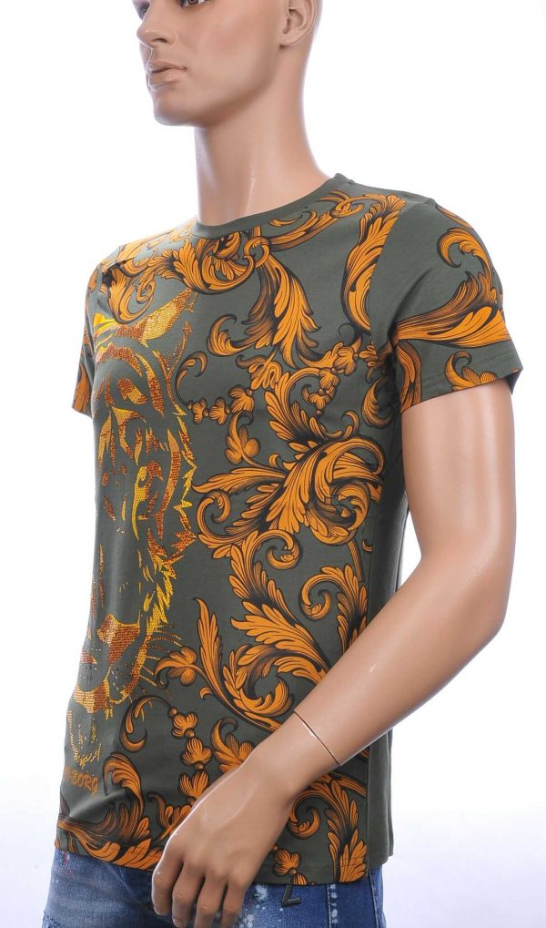Ci-Borg ronde hals T-shirt met tijgerkop print met steentjes Khaki