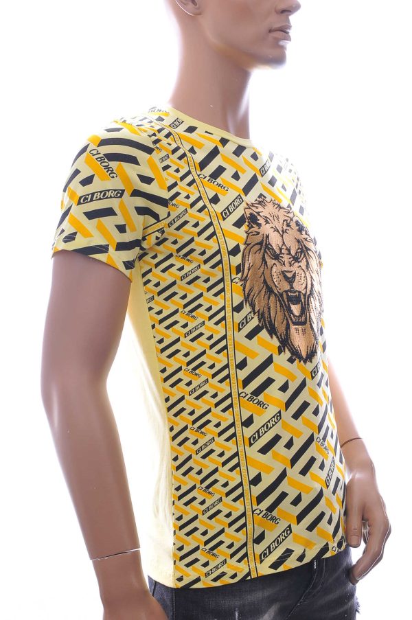 Ci-Borg ronde hals T-shirt met leeuwenkop print met steentjes Geel