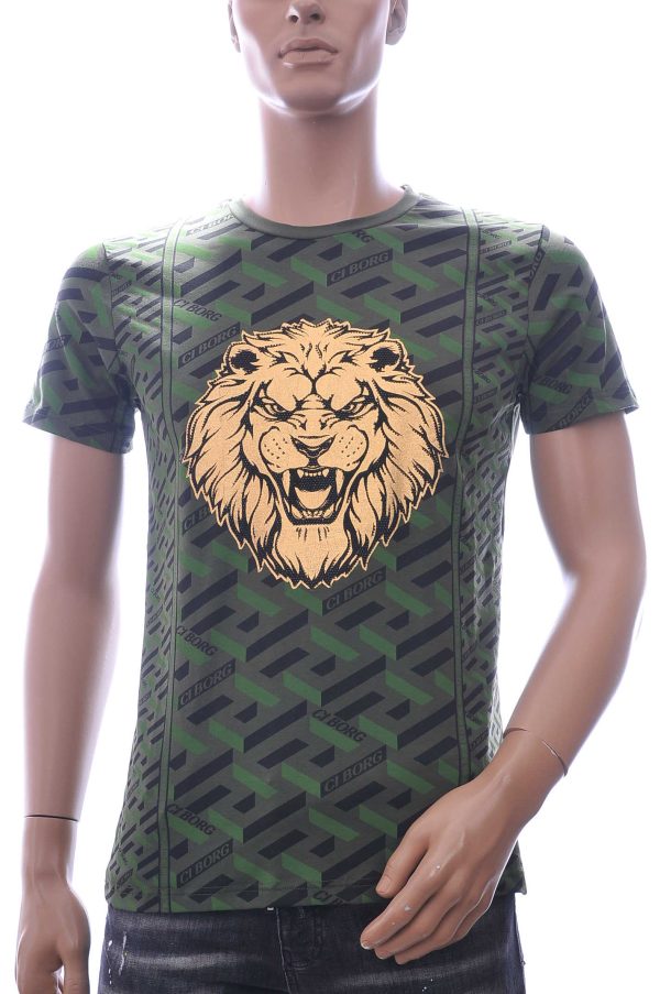 Ci-Borg ronde hals T-shirt met leeuwenkop print met steentjes Khaki