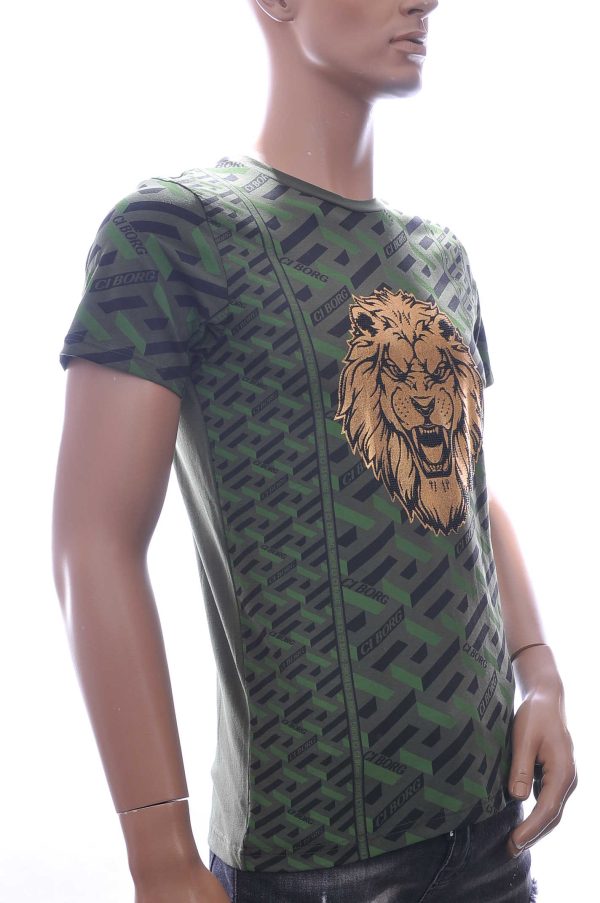 Ci-Borg ronde hals T-shirt met leeuwenkop print met steentjes Khaki