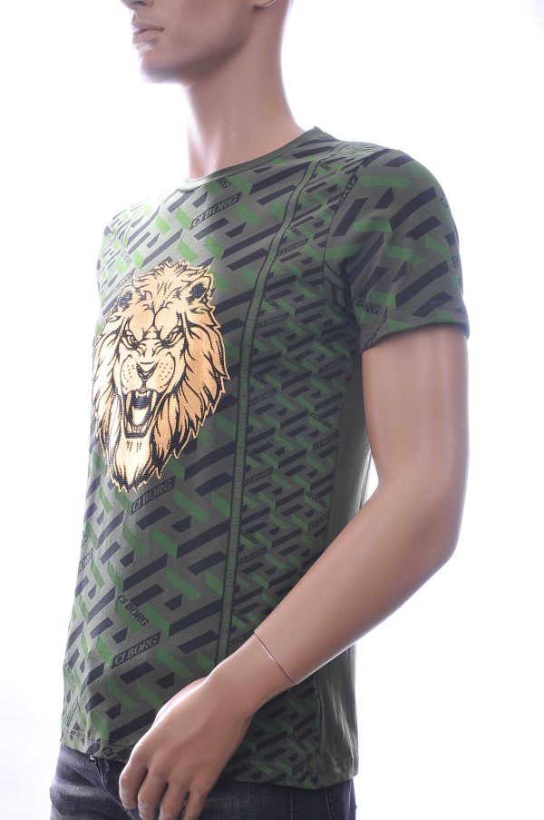 Ci-Borg ronde hals T-shirt met leeuwenkop print met steentjes Khaki
