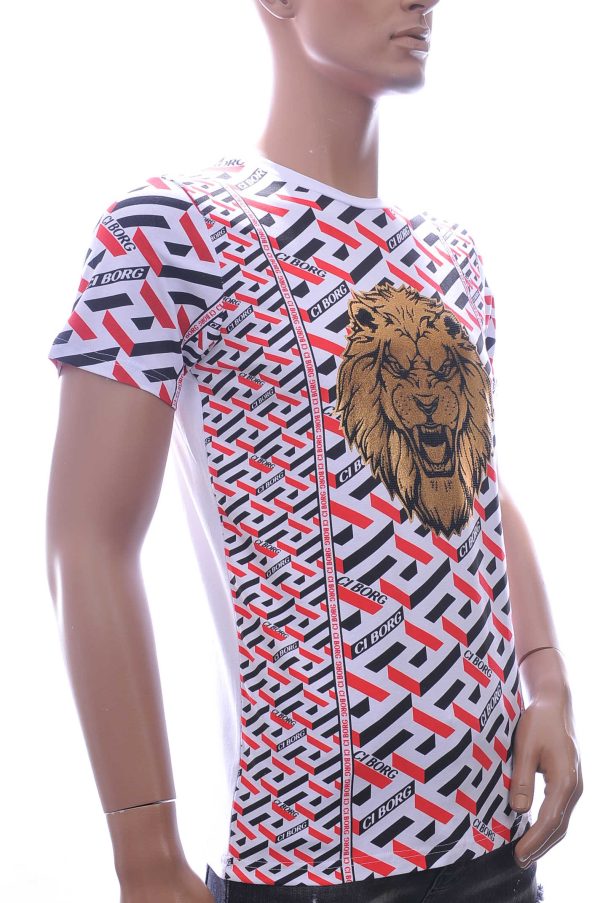 Ci-Borg ronde hals T-shirt met leeuwenkop print met steentjes Wit