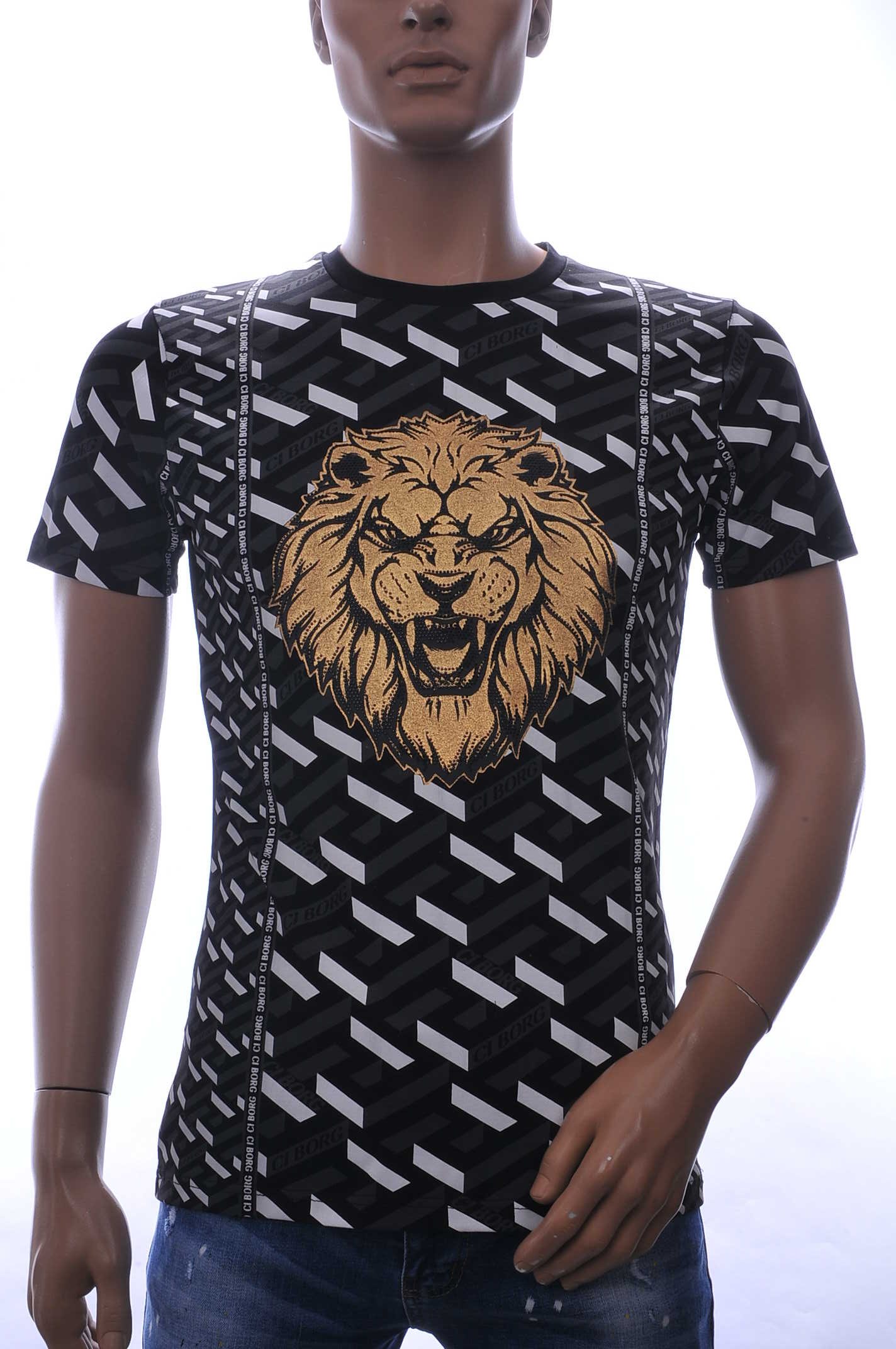 Ci-Borg ronde hals T-shirt met leeuwenkop print met steentjes Zwart