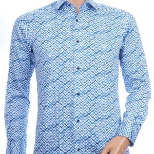 Corrino Italiaans getailleerd slim fit allover blokjes dessin heren overhemd Blauw