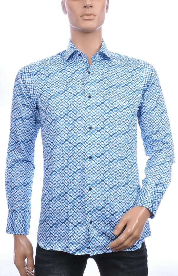 Corrino Italiaans getailleerd slim fit allover blokjes dessin heren overhemd Blauw