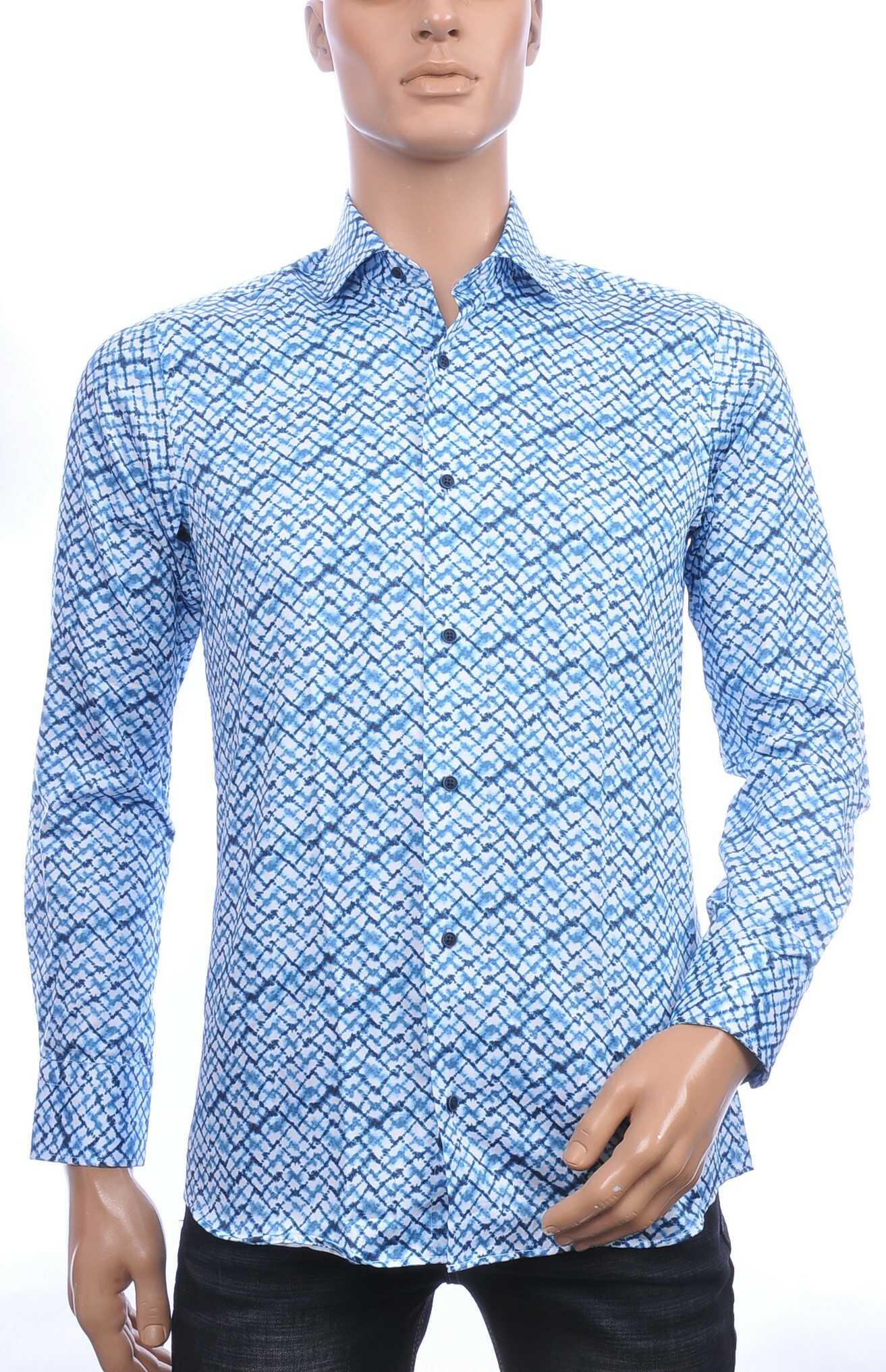 Corrino Italiaans getailleerd slim fit allover blokjes dessin heren overhemd Blauw
