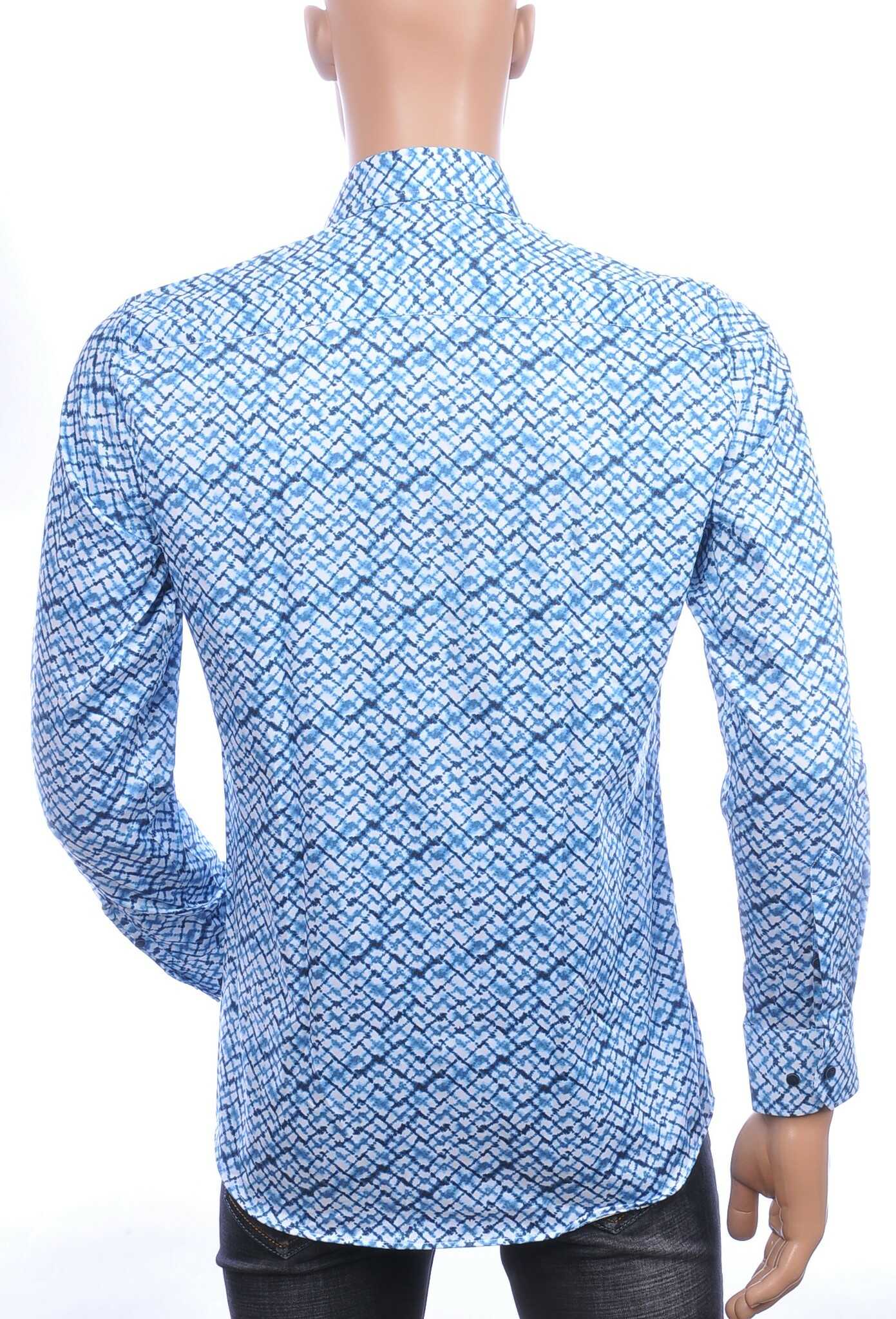 Corrino Italiaans getailleerd slim fit allover blokjes dessin heren overhemd Blauw