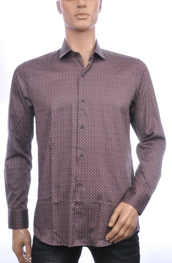 Corrino Italiaans getailleerd slim fit allover puntjes dessin heren overhemd Bruin